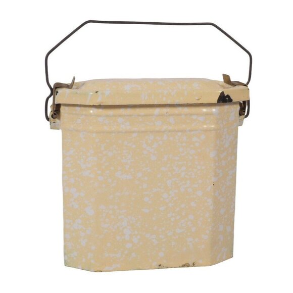 Antique French Lunchbox Granite Enamel Ware Yellow White Green Speckled 3 Pc Set - Picture 4 of 10